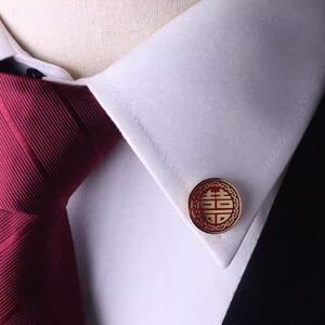 Groom Double happiness Happy symbols gold brass red Lapel Pin chinese wedding